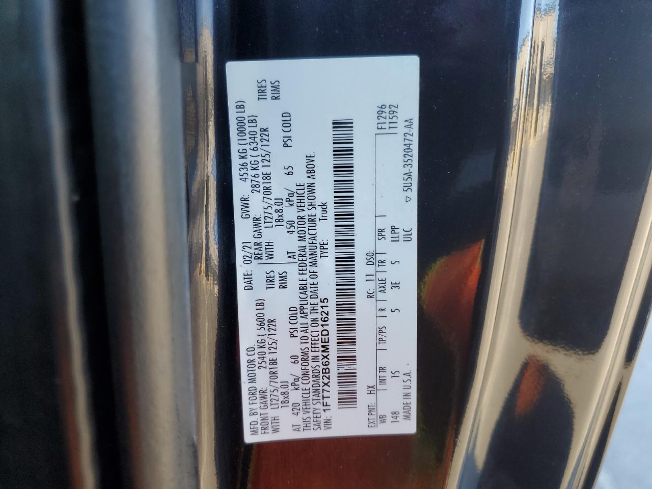 2021 Ford F250 Super Duty VIN: 1FT7X2B6XMED16215 Lot: 84376155