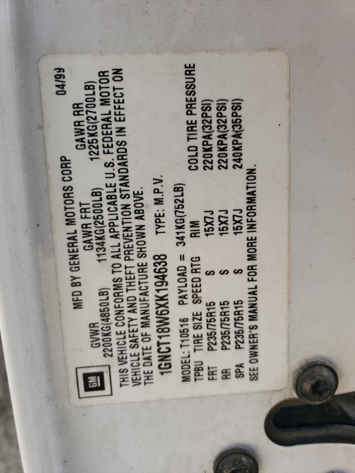 1999 Chevrolet Blazer VIN: 1GNCT18W6XK194638 Lot: 85275795