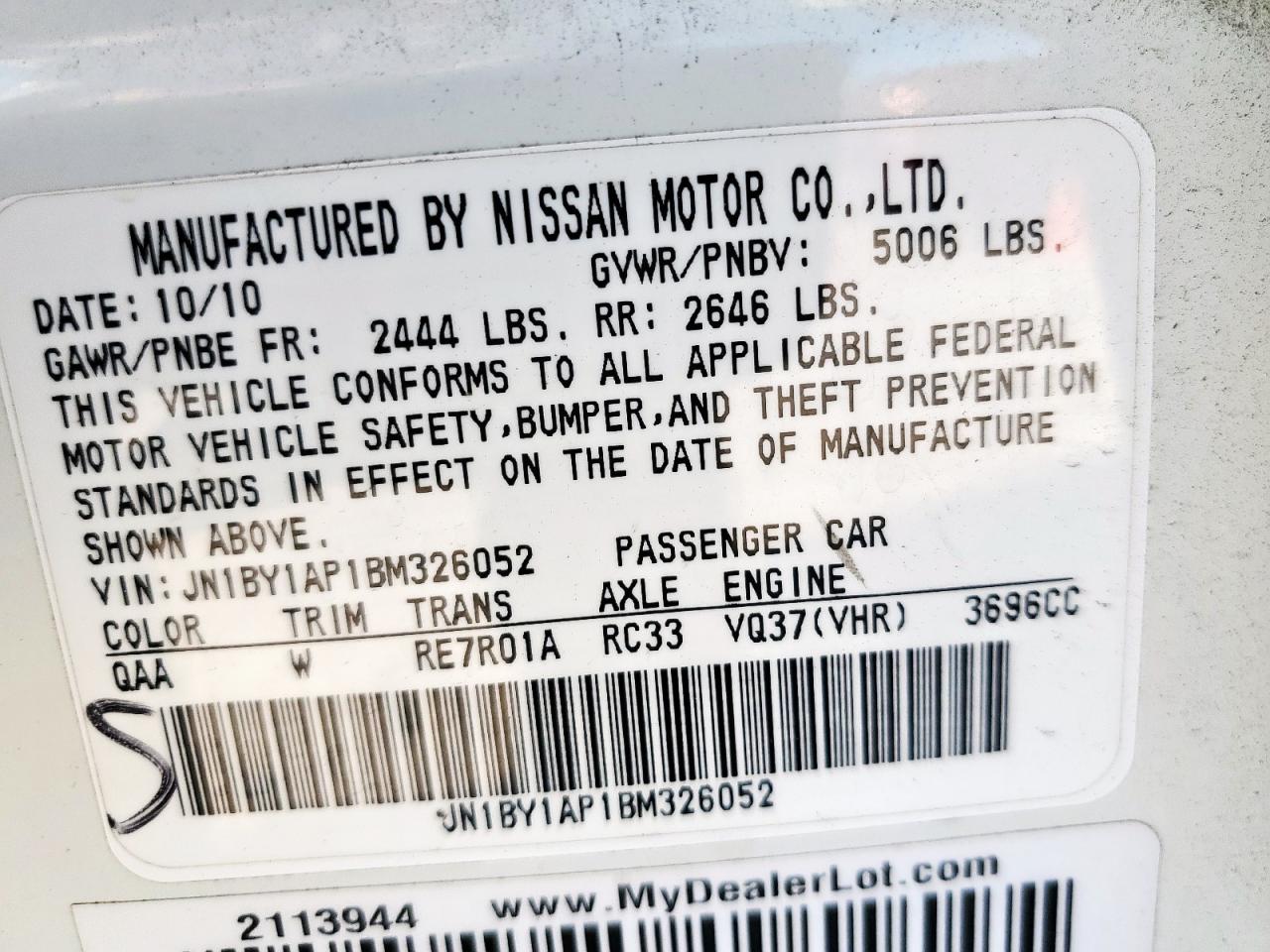 2011 Infiniti M37 VIN: JN1BY1AP1BM326052 Lot: 86471575