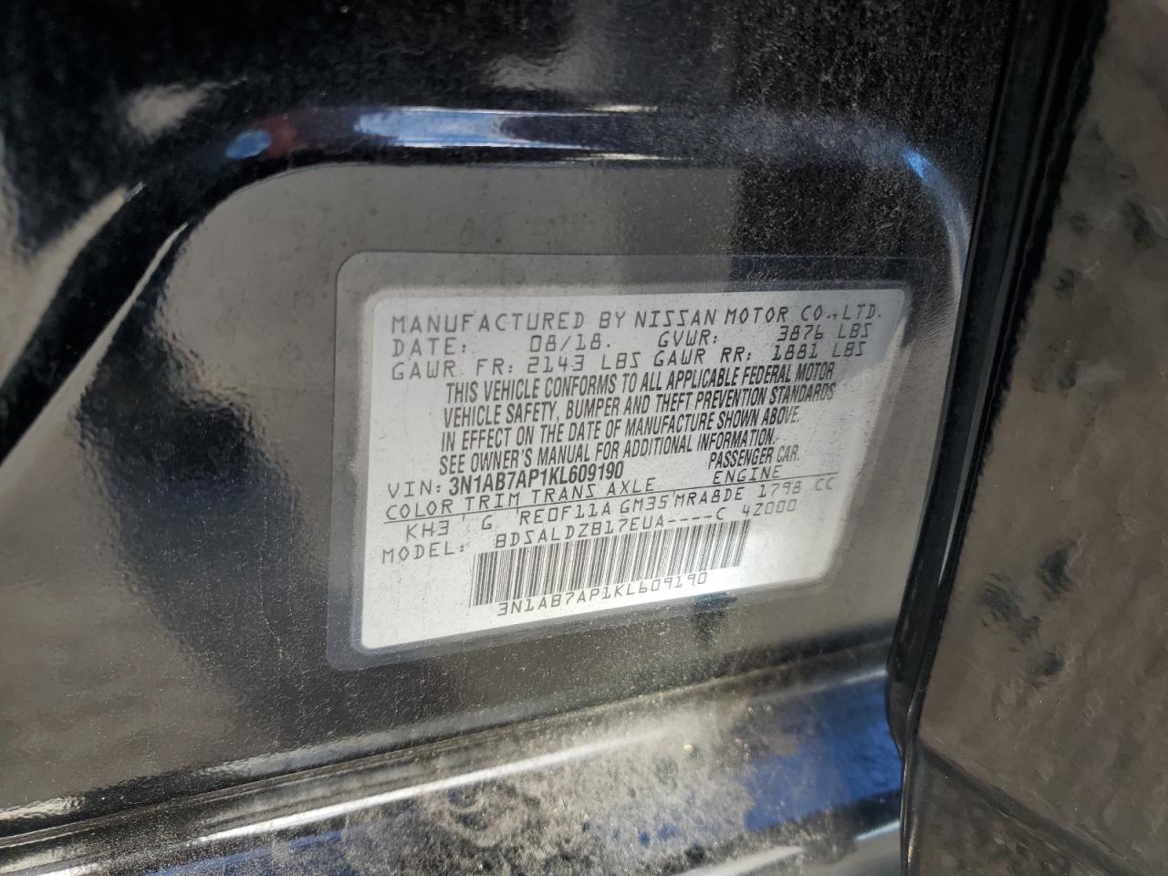 2019 Nissan Sentra S VIN: 3N1AB7AP1KL609190 Lot: 82423995