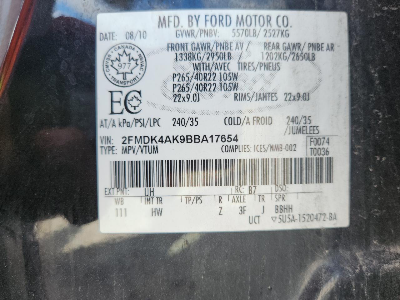 2011 Ford Edge Sport VIN: 2FMDK4AK9BBA17654 Lot: 84989875