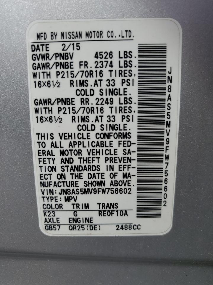 2015 Nissan Rogue Select S VIN: JN8AS5MV9FW756602 Lot: 84597925