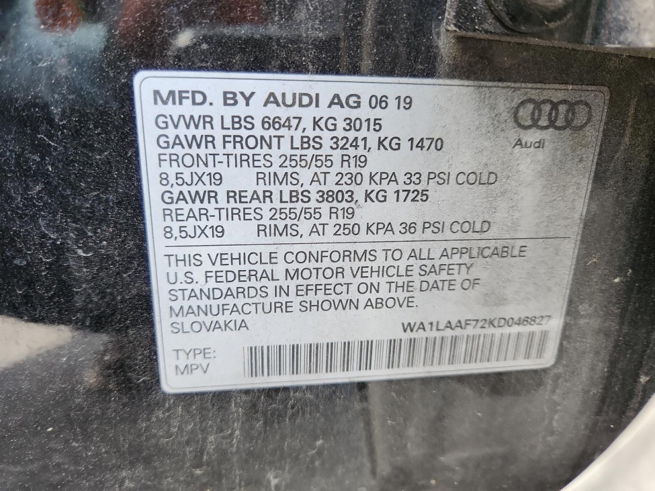 2019 Audi Q7 Premium Plus VIN: WA1LAAF72KD046827 Lot: 81918755