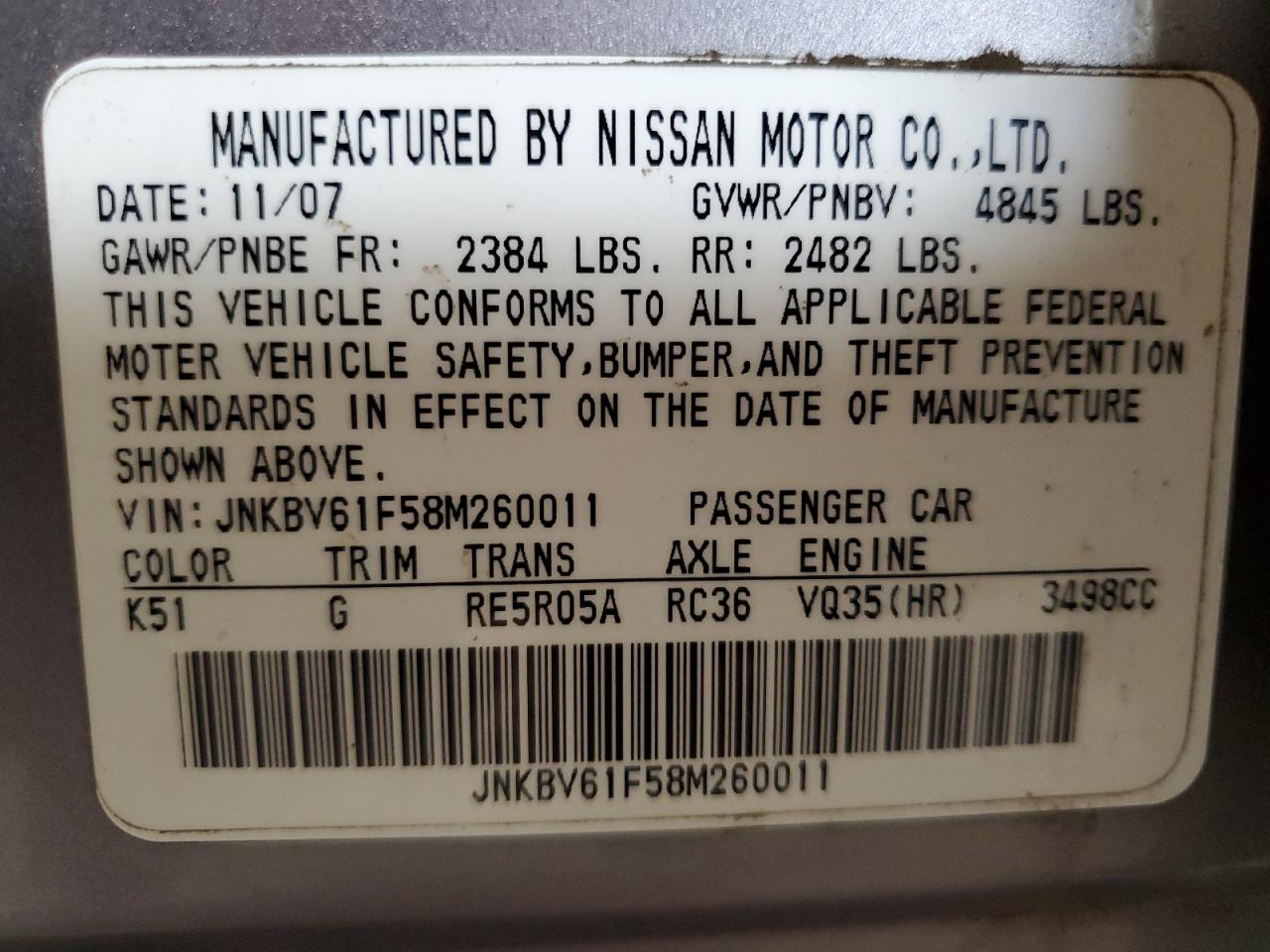 2008 Infiniti G35 VIN: JNKBV61F58M260011 Lot: 85586295