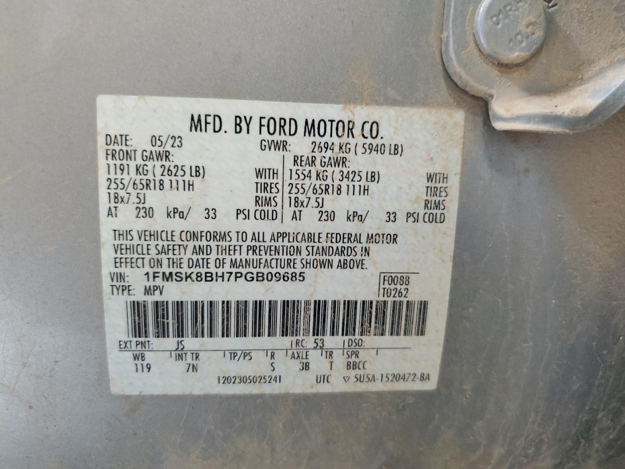 2023 Ford Explorer VIN: 1FMSK8BH7PGB09685 Lot: 86280915