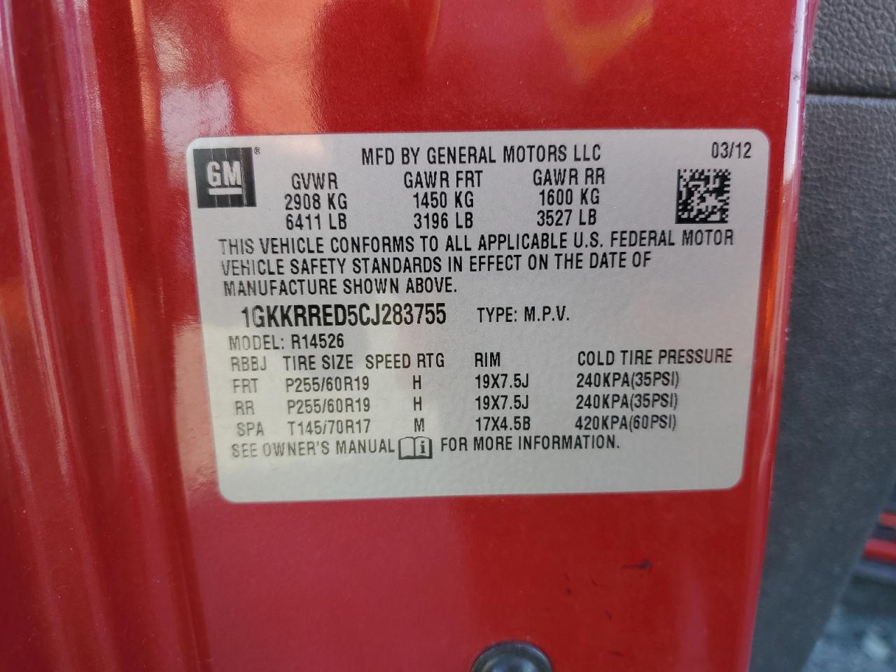 2012 GMC Acadia Slt-1 VIN: 1GKKRRED5CJ283755 Lot: 82524875