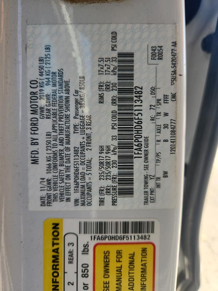 2015 Ford Fusion Se VIN: 1FA6P0HD6F5113482 Lot: 90414795