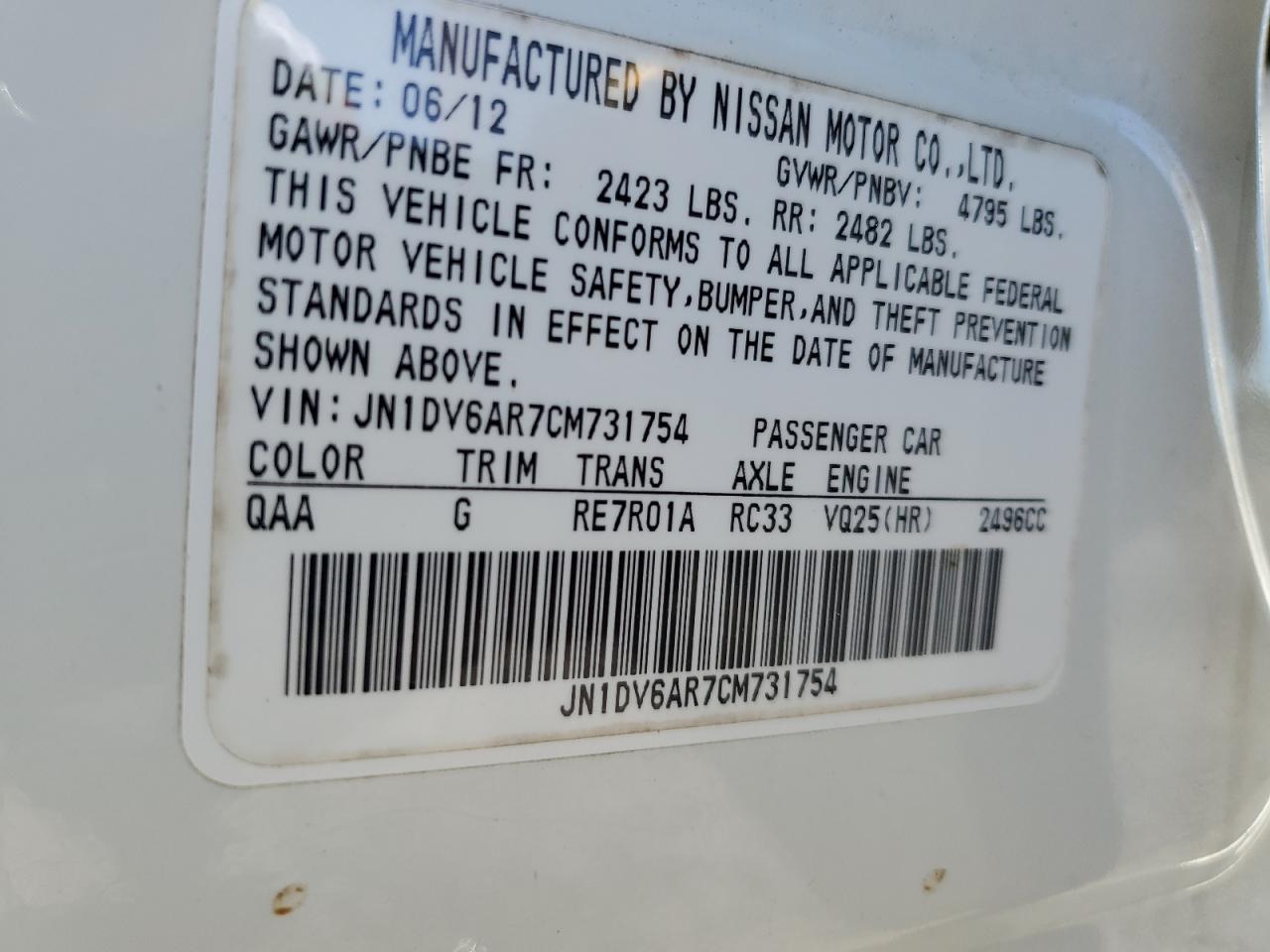 2012 Infiniti G25 VIN: JN1DV6AR7CM731754 Lot: 89865495