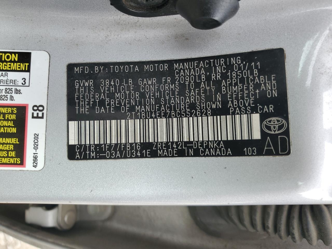 2011 Toyota Corolla Base VIN: 2T1BU4EE7BC552628 Lot: 85502195