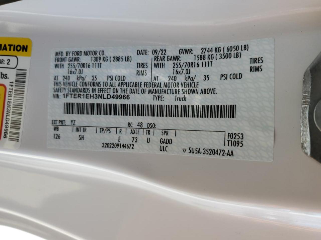 2022 Ford Ranger Xl VIN: 1FTER1EH3NLD49966 Lot: 82121735