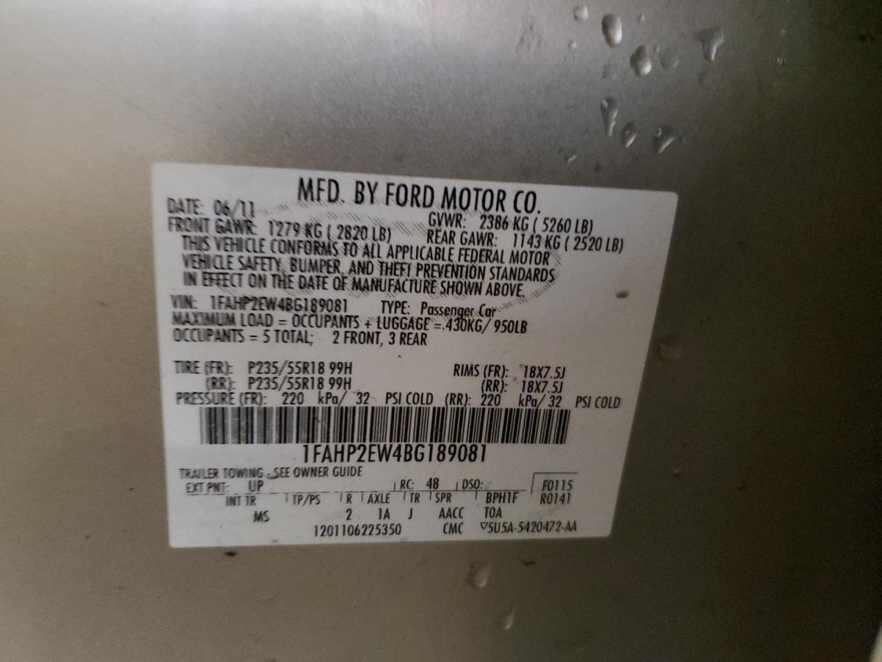 2011 Ford Taurus Sel VIN: 1FAHP2EW4BG189081 Lot: 86438535