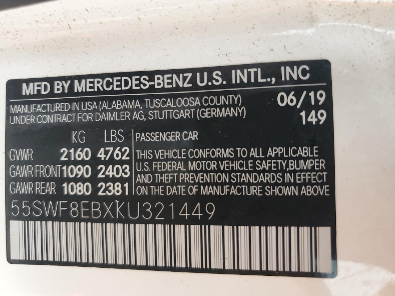 2019 Mercedes-Benz C 300 4Matic VIN: 55SWF8EBXKU321449 Lot: 86281615