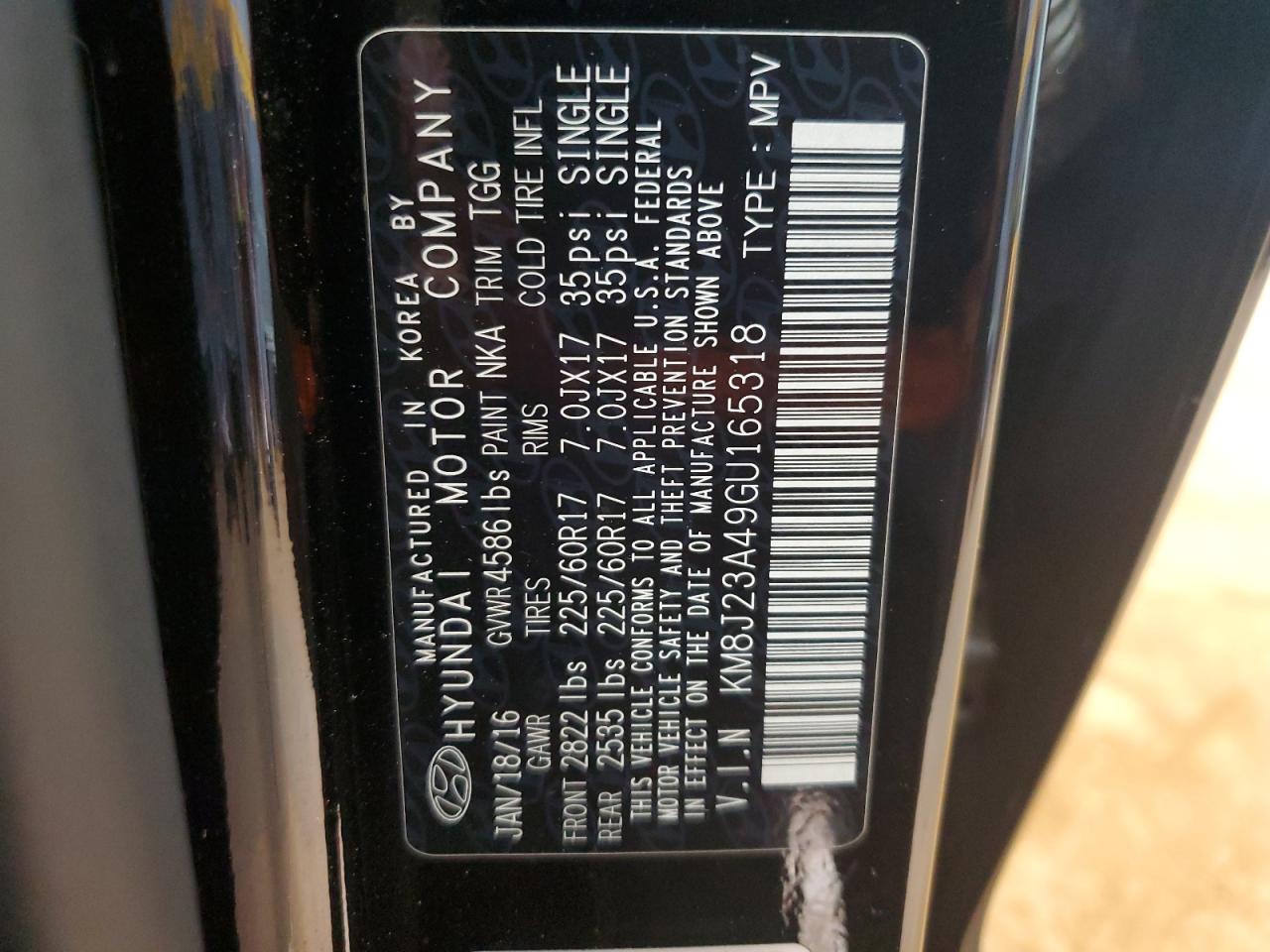 2016 Hyundai Tucson Se VIN: KM8J23A49GU165318 Lot: 85906465