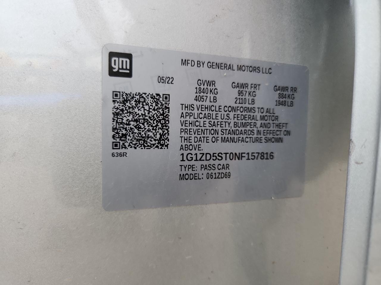 2022 Chevrolet Malibu Lt VIN: 1G1ZD5ST0NF157816 Lot: 86448995