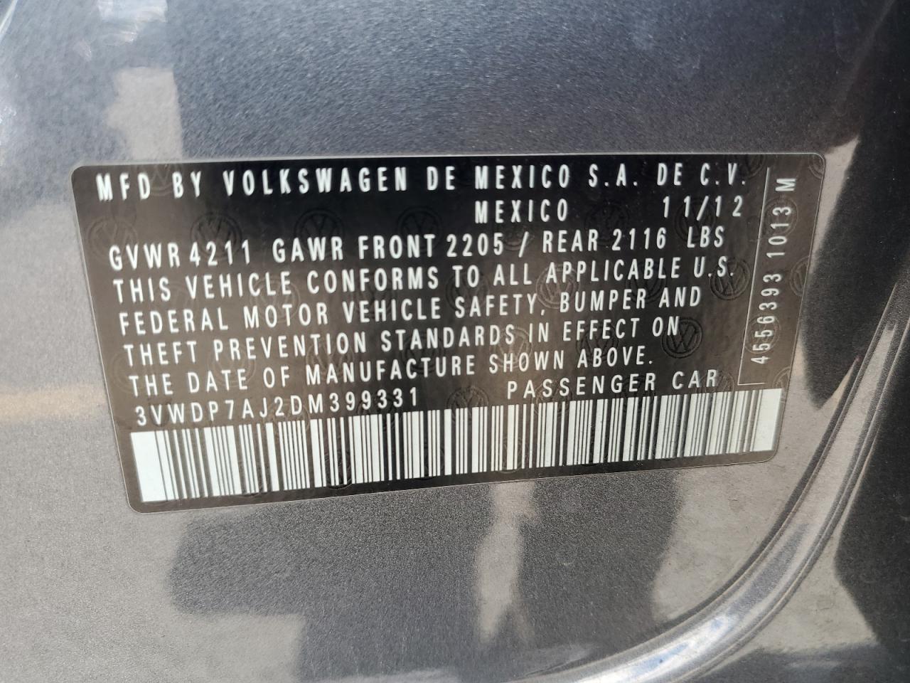 2013 Volkswagen Jetta Se VIN: 3VWDP7AJ2DM399331 Lot: 82009805