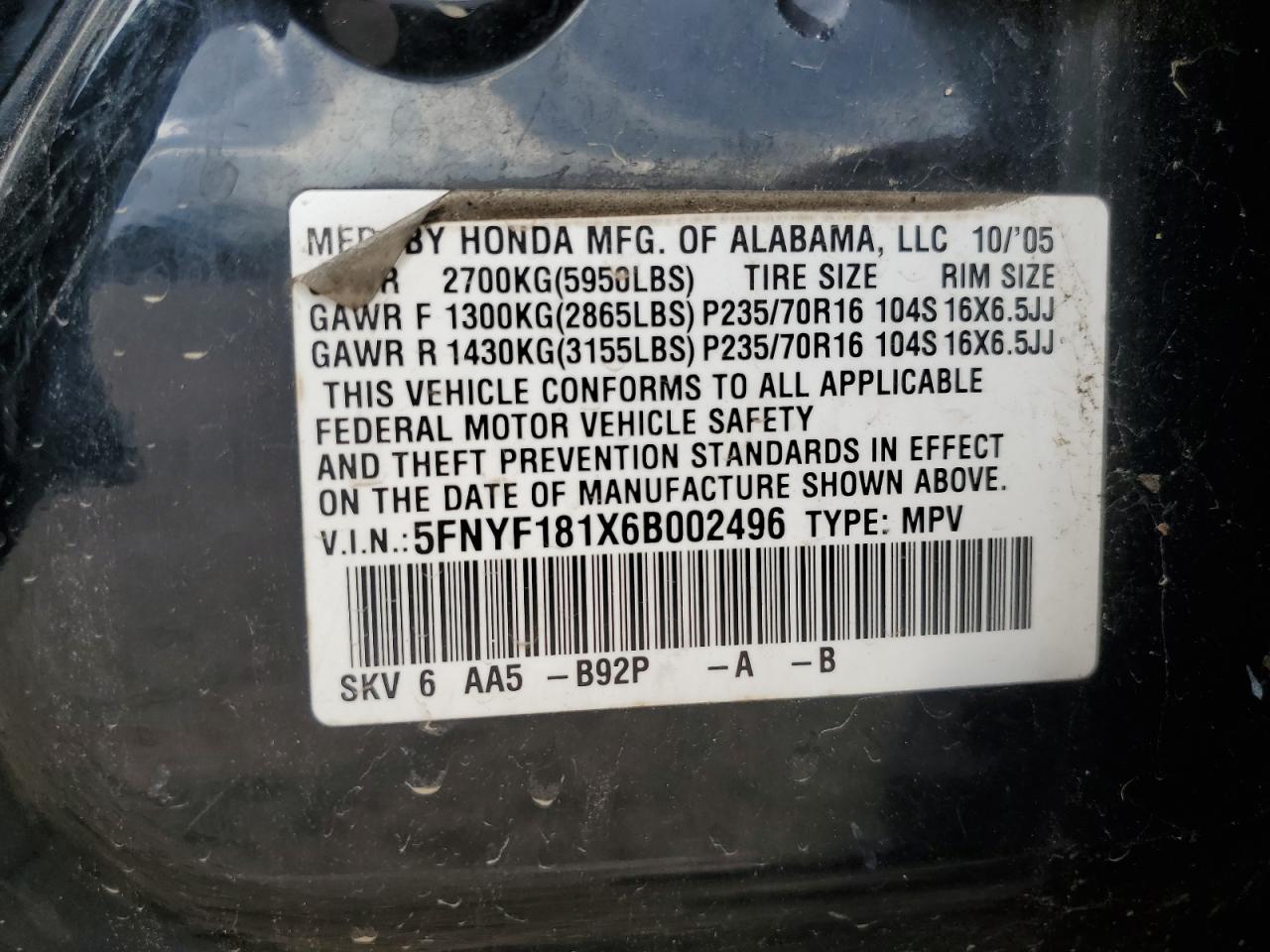 2006 Honda Pilot Lx VIN: 5FNYF181X6B002496 Lot: 85096745