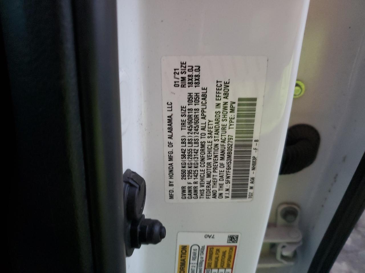 2021 Honda Pilot Exl VIN: 5FNYF6H53MB052797 Lot: 87423855