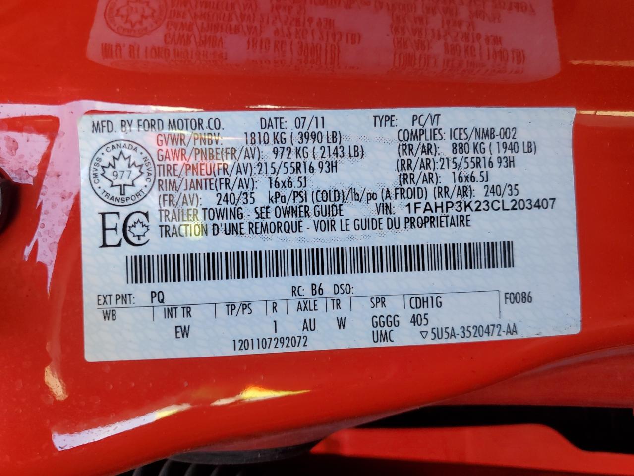 2012 Ford Focus Se VIN: 1FAHP3K23CL203407 Lot: 85316045