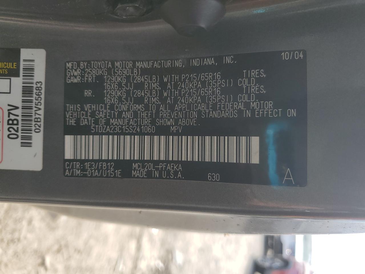 2005 Toyota Sienna Ce VIN: 5TDZA23C15S241060 Lot: 86593815
