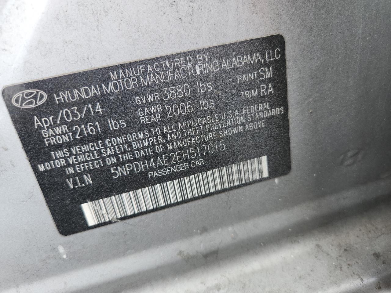 2014 Hyundai Elantra Se VIN: 5NPDH4AE2EH517015 Lot: 85494085