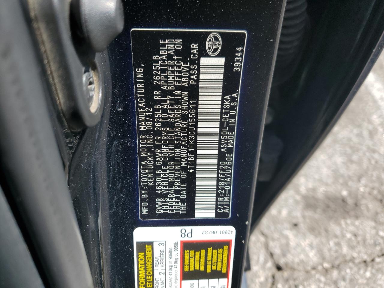 2012 Toyota Camry Base VIN: 4T1BF1FK3CU155611 Lot: 85533725