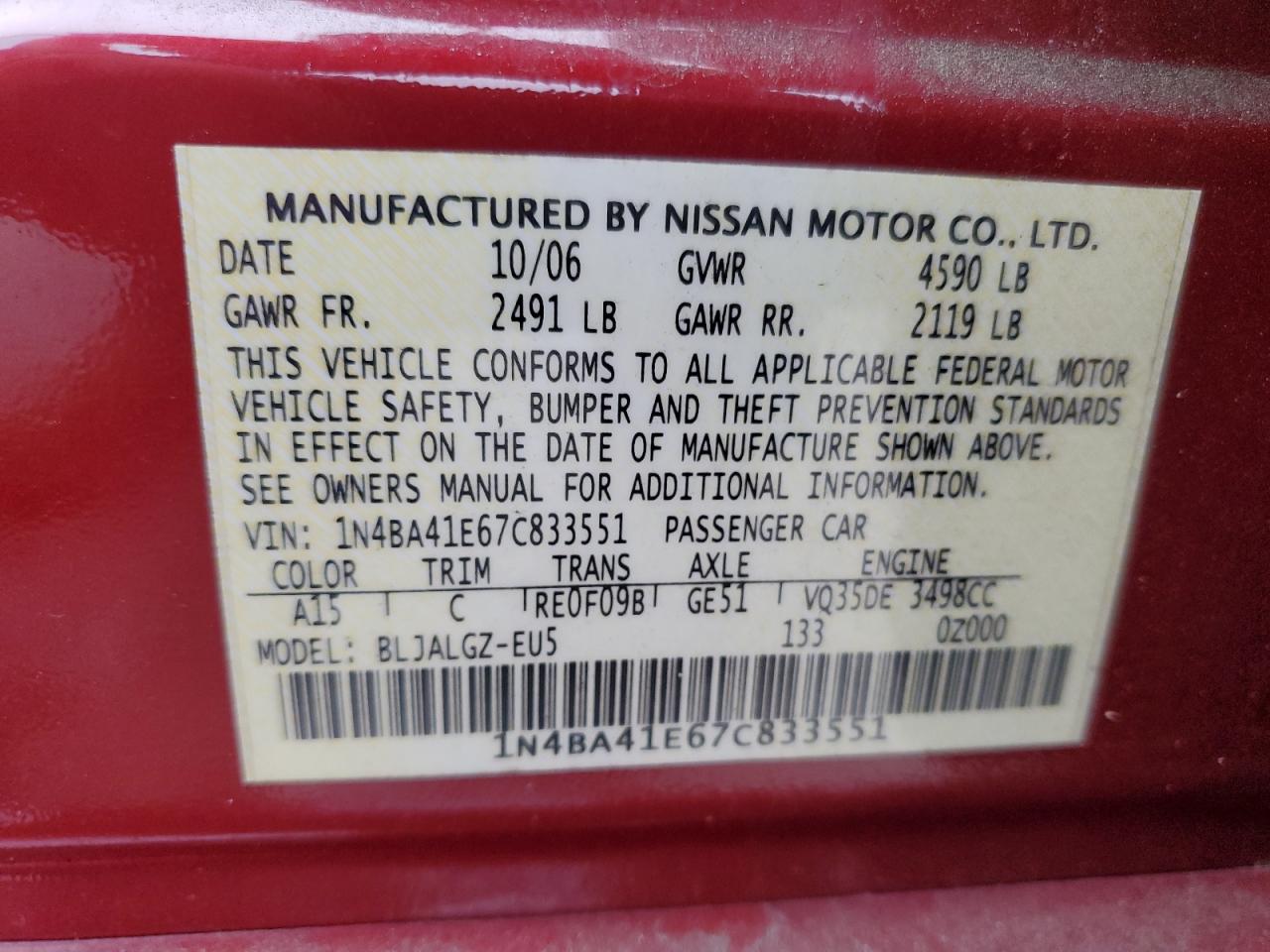 2007 Nissan Maxima Se VIN: 1N4BA41E67C833551 Lot: 85097655