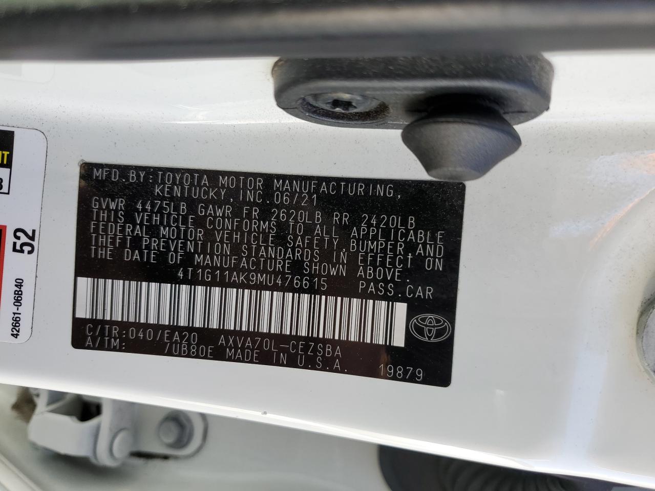 2021 Toyota Camry Se VIN: 4T1G11AK9MU476615 Lot: 82247265