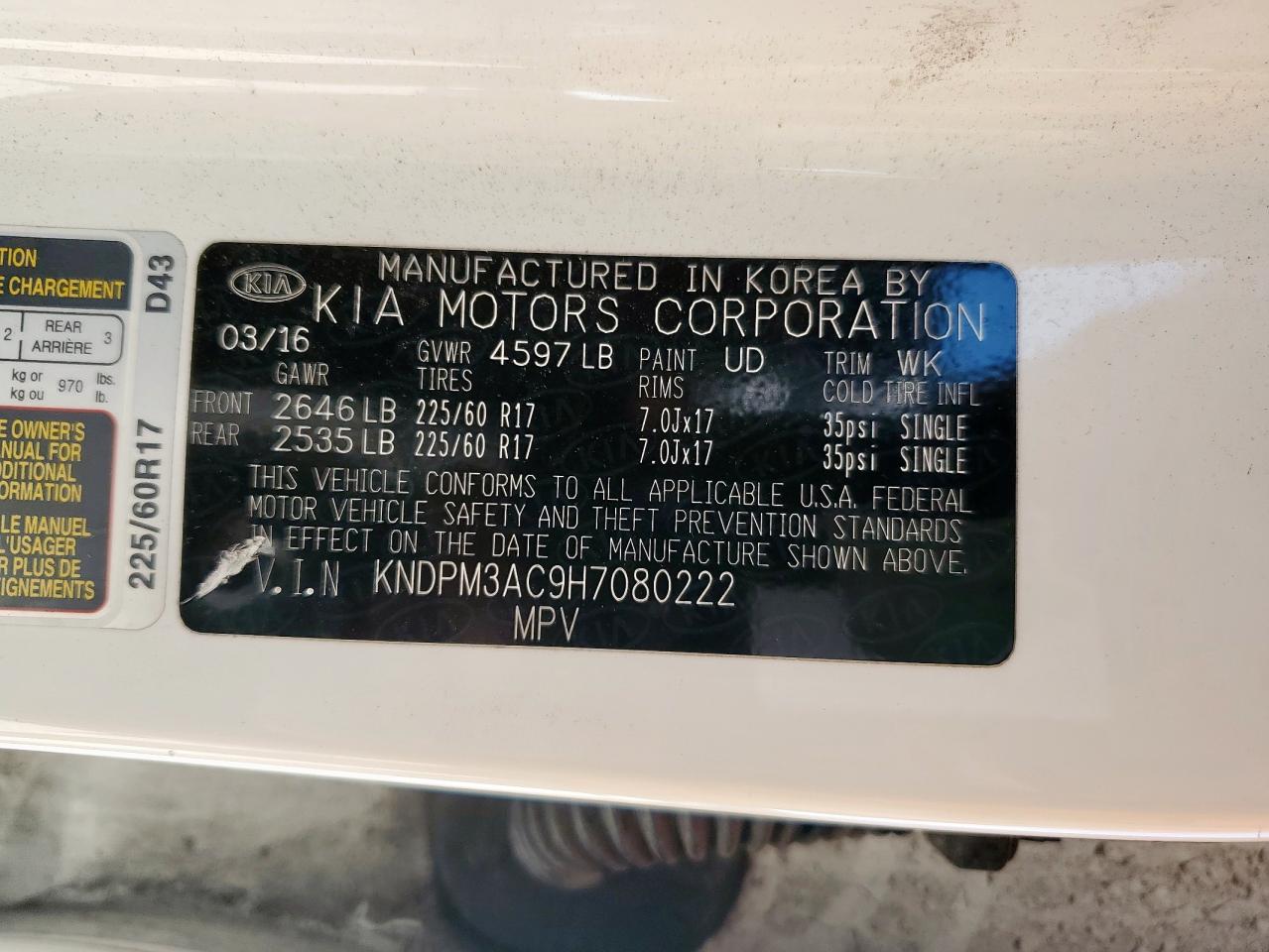 2017 Kia Sportage Lx VIN: KNDPM3AC9H7080222 Lot: 89712315