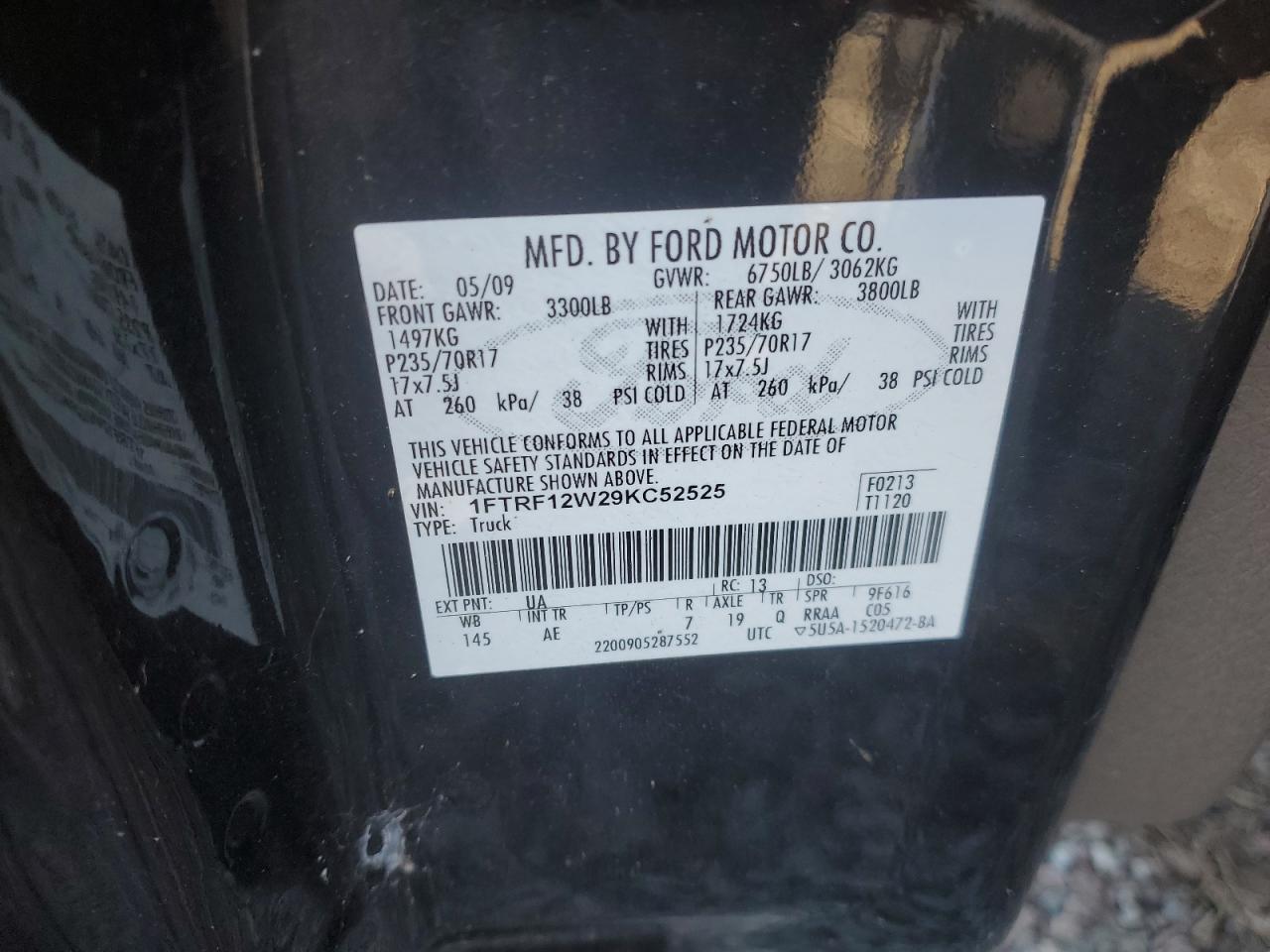 2009 Ford F150 VIN: 1FTRF12W29KC52525 Lot: 82751245