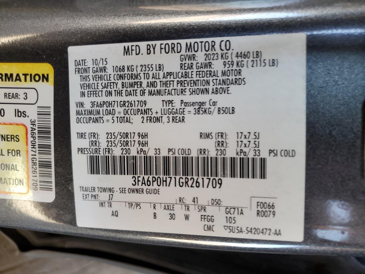 2016 Ford Fusion Se VIN: 3FA6P0H71GR261709 Lot: 85251435