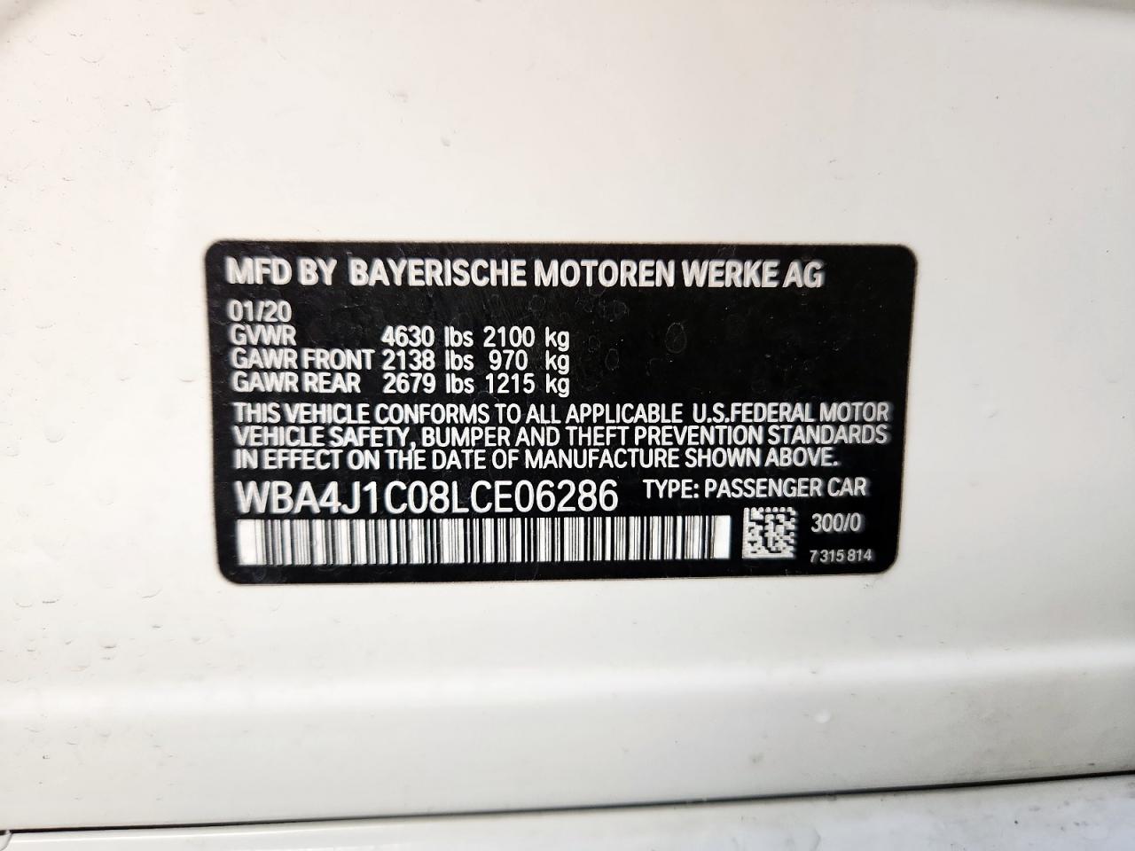 2020 BMW 430I Gran Coupe VIN: WBA4J1C08LCE06286 Lot: 86729885