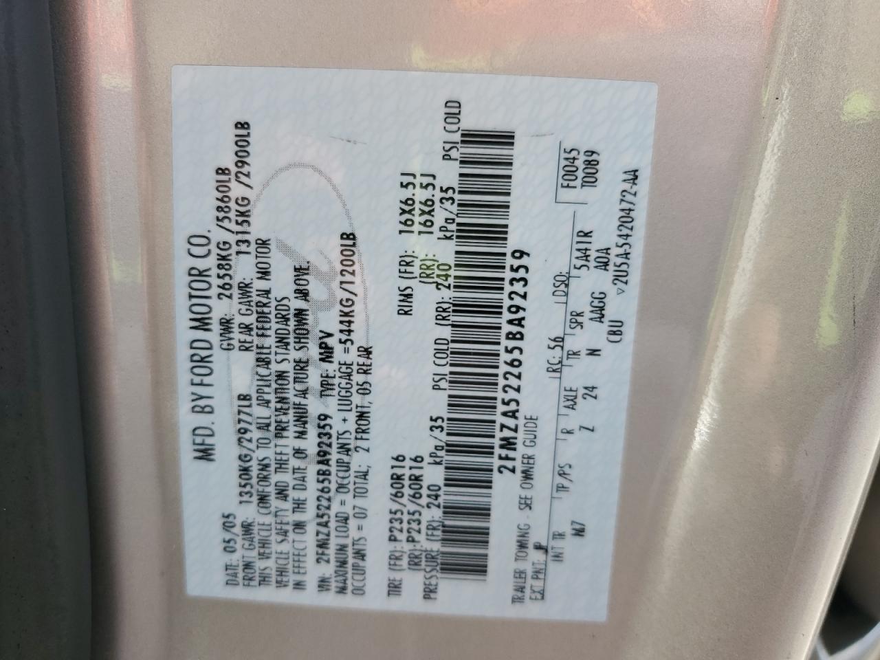 2005 Ford Freestar Sel VIN: 2FMZA52265BA92359 Lot: 81984135