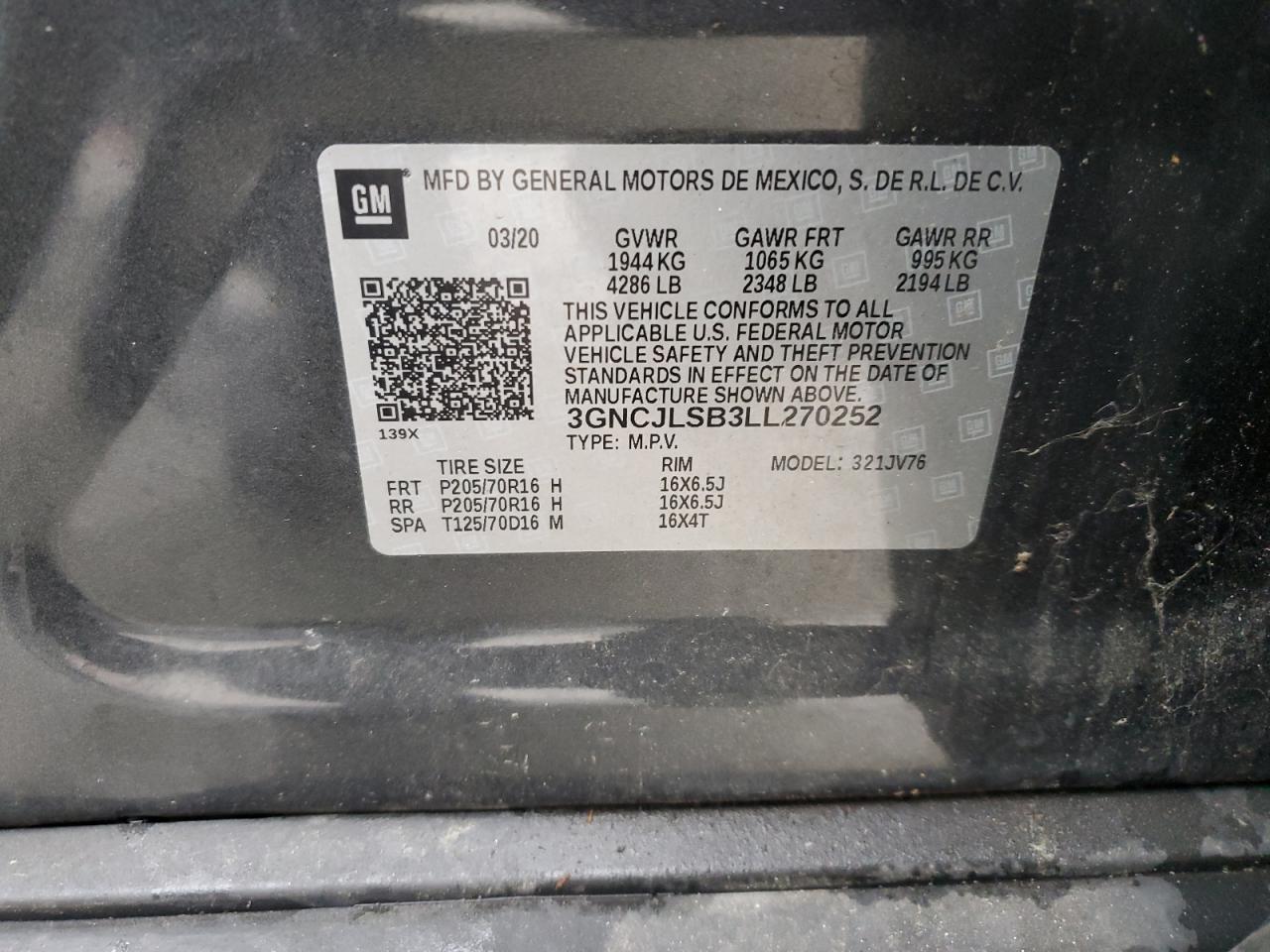 2020 Chevrolet Trax 1Lt VIN: 3GNCJLSB3LL270252 Lot: 90396395