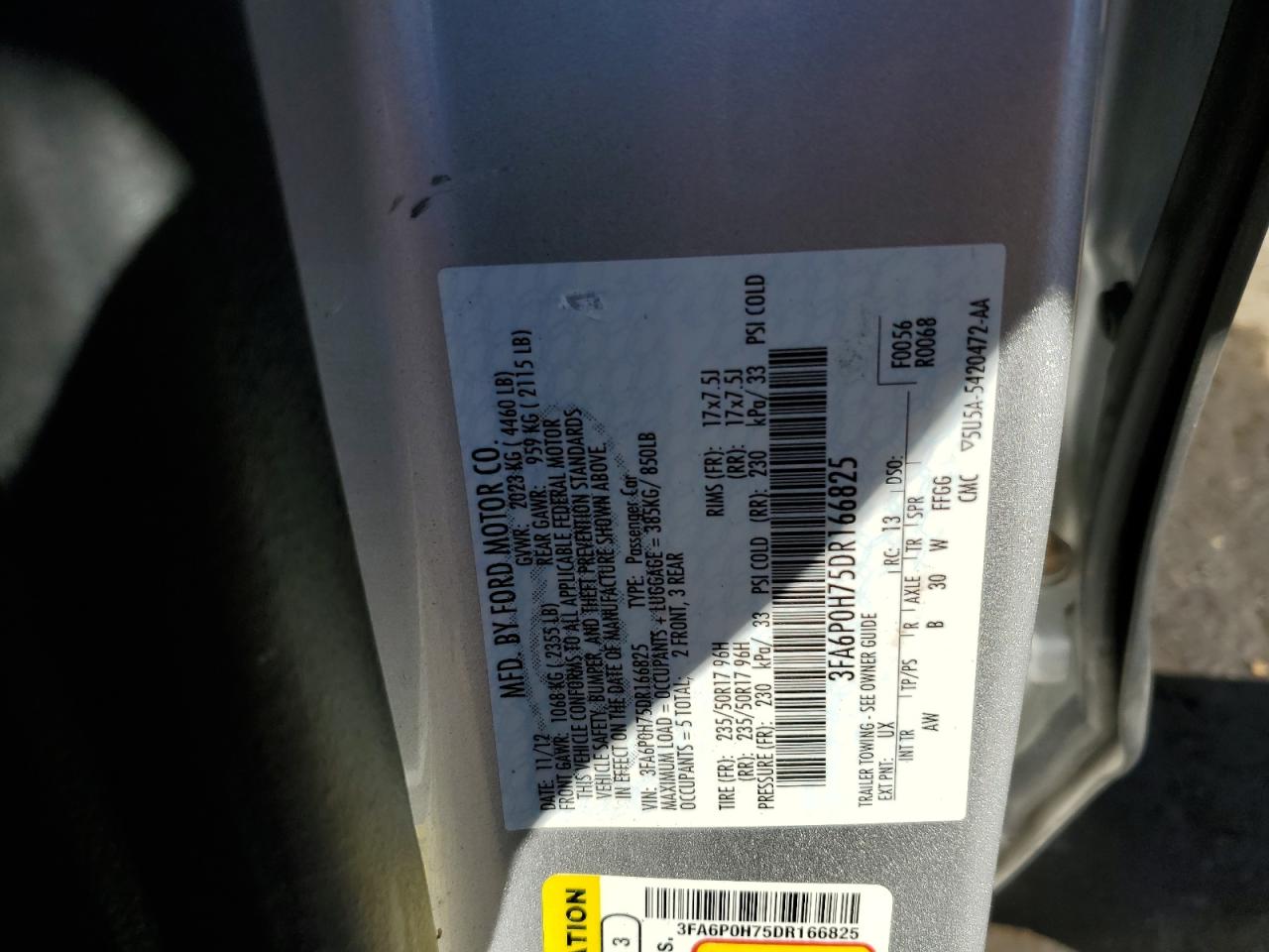 2013 Ford Fusion Se VIN: 3FA6P0H75DR166825 Lot: 87073275