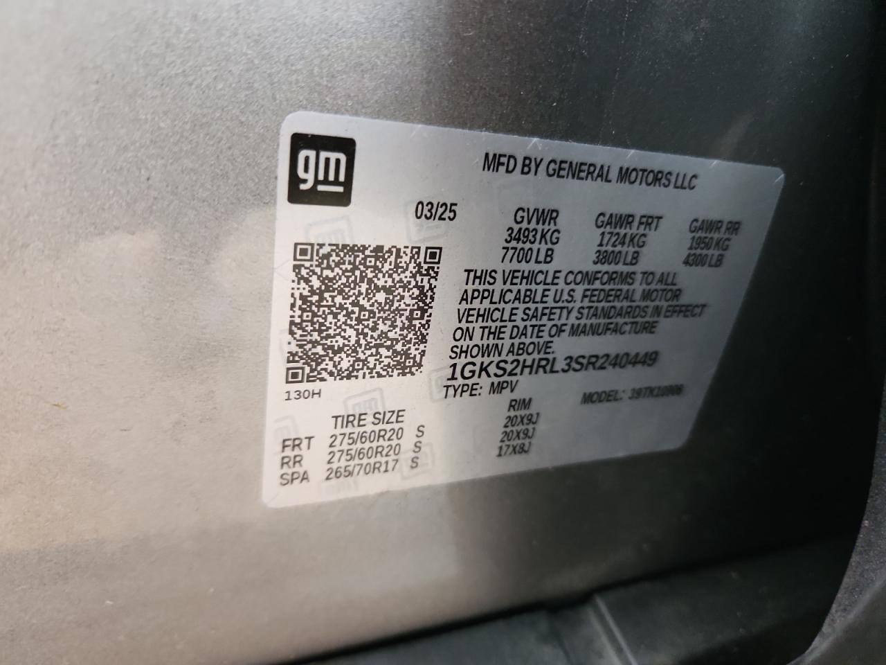 2025 GMC Yukon Xl At4 VIN: 1GKS2HRL3SR240449 Lot: 90399735