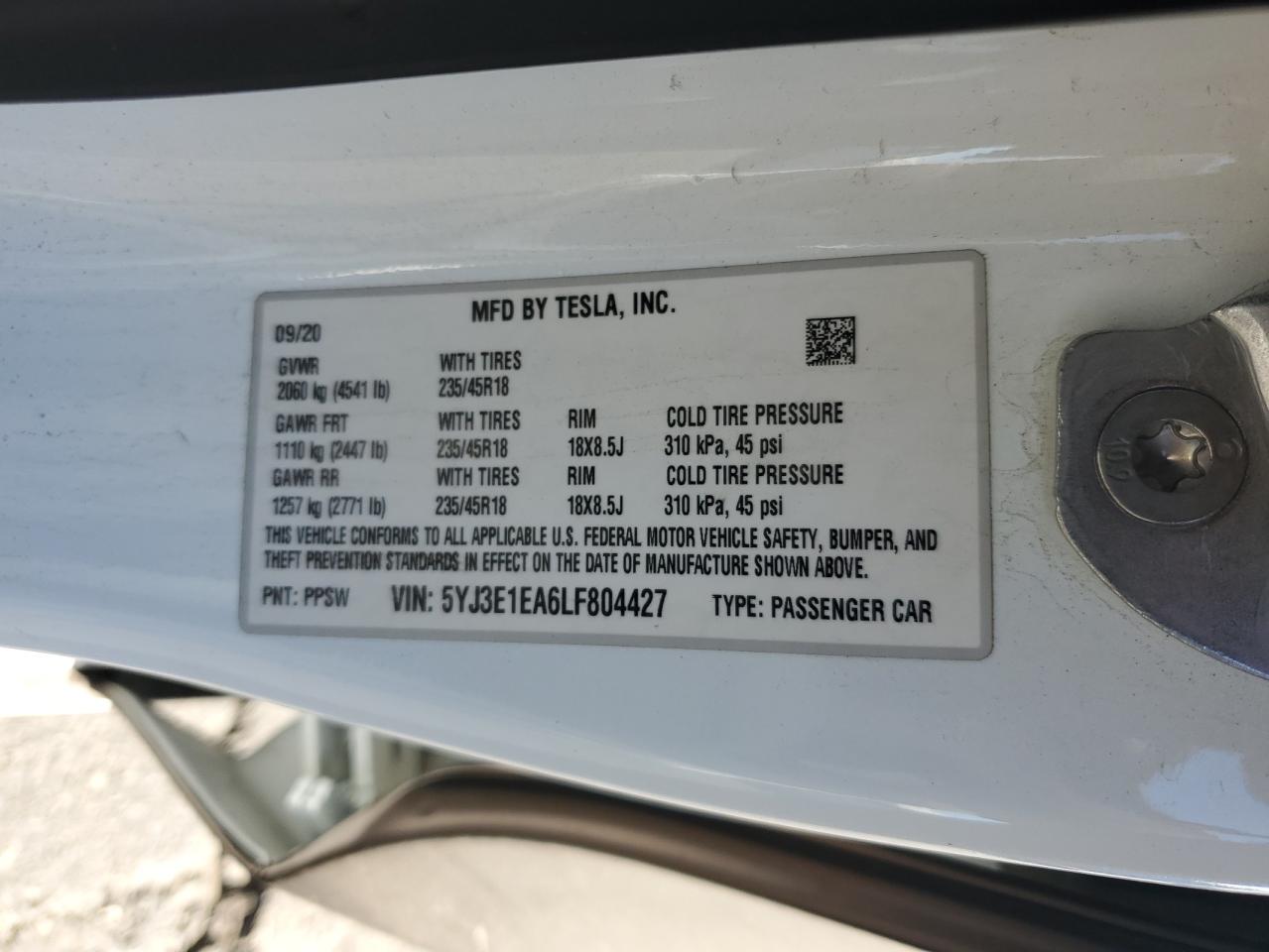 2020 Tesla Model 3 VIN: 5YJ3E1EA6LF804427 Lot: 89693275