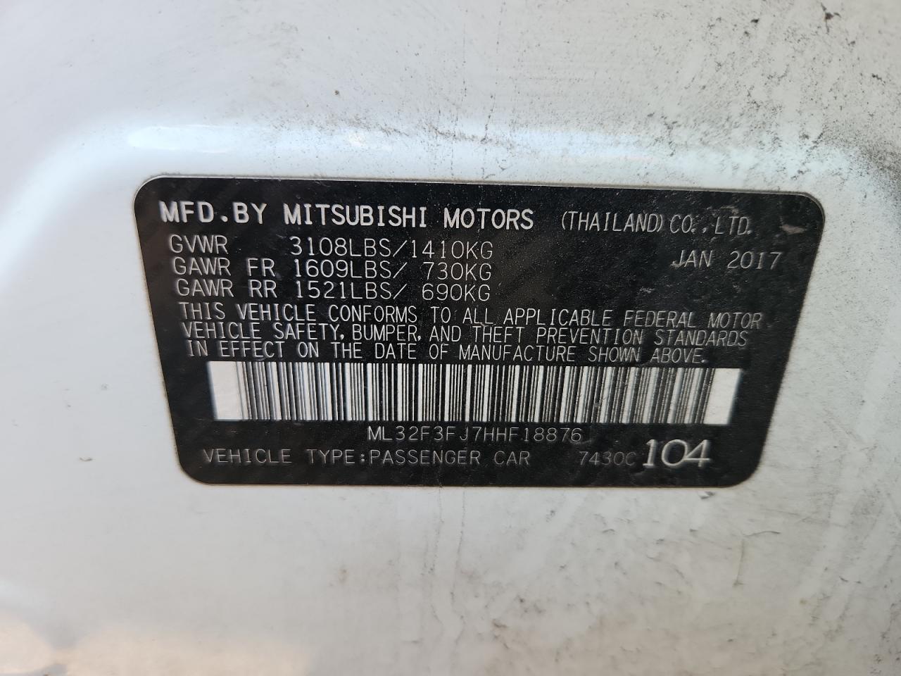 2017 Mitsubishi Mirage G4 Es VIN: ML32F3FJ7HHF18876 Lot: 90736045