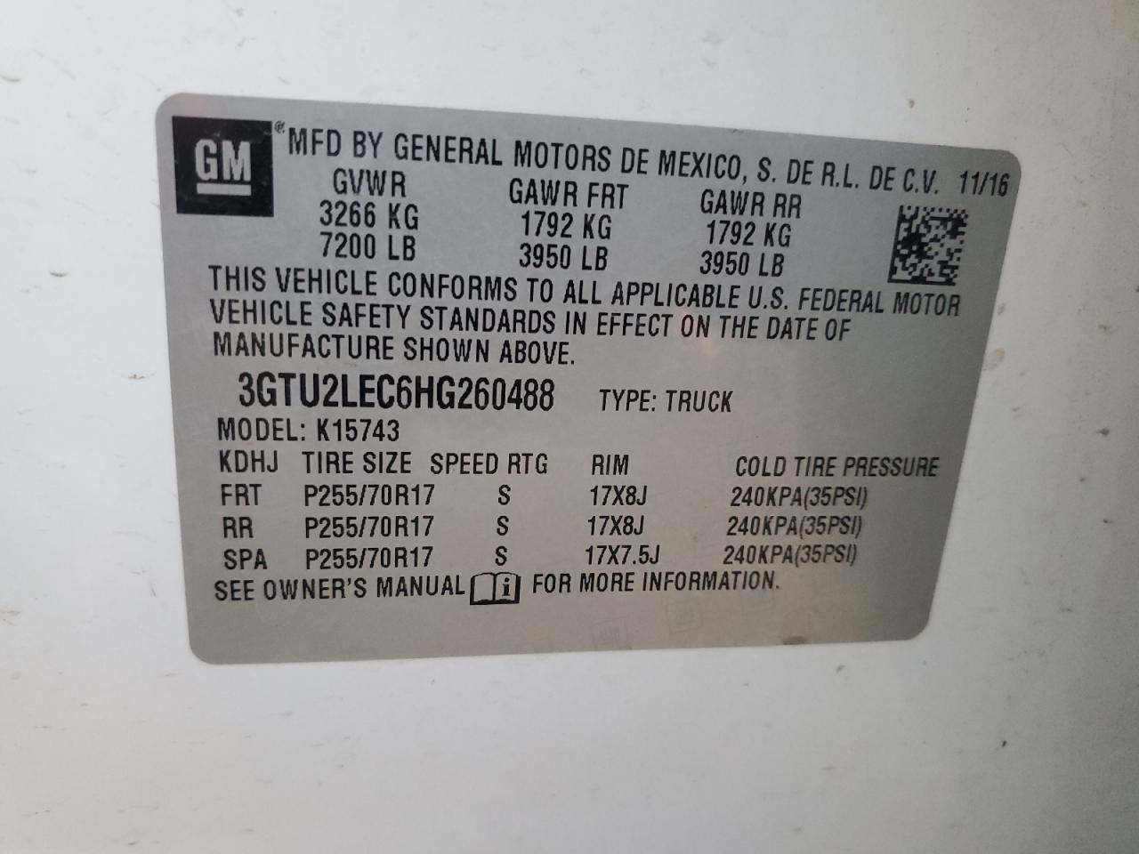 2017 GMC Sierra K1500 VIN: 3GTU2LEC6HG260488 Lot: 90464925