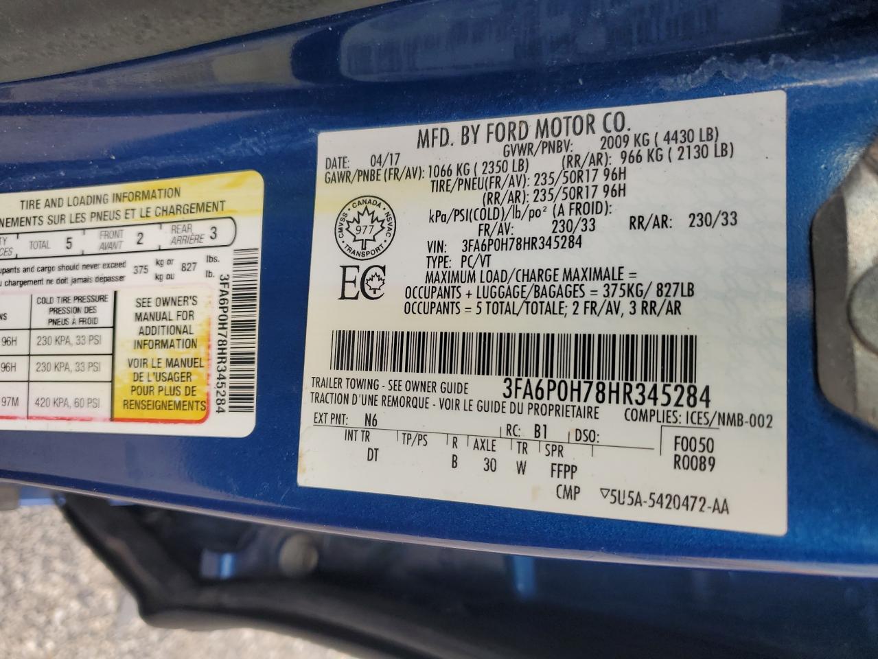 2017 Ford Fusion Se VIN: 3FA6P0H78HR345284 Lot: 90378175