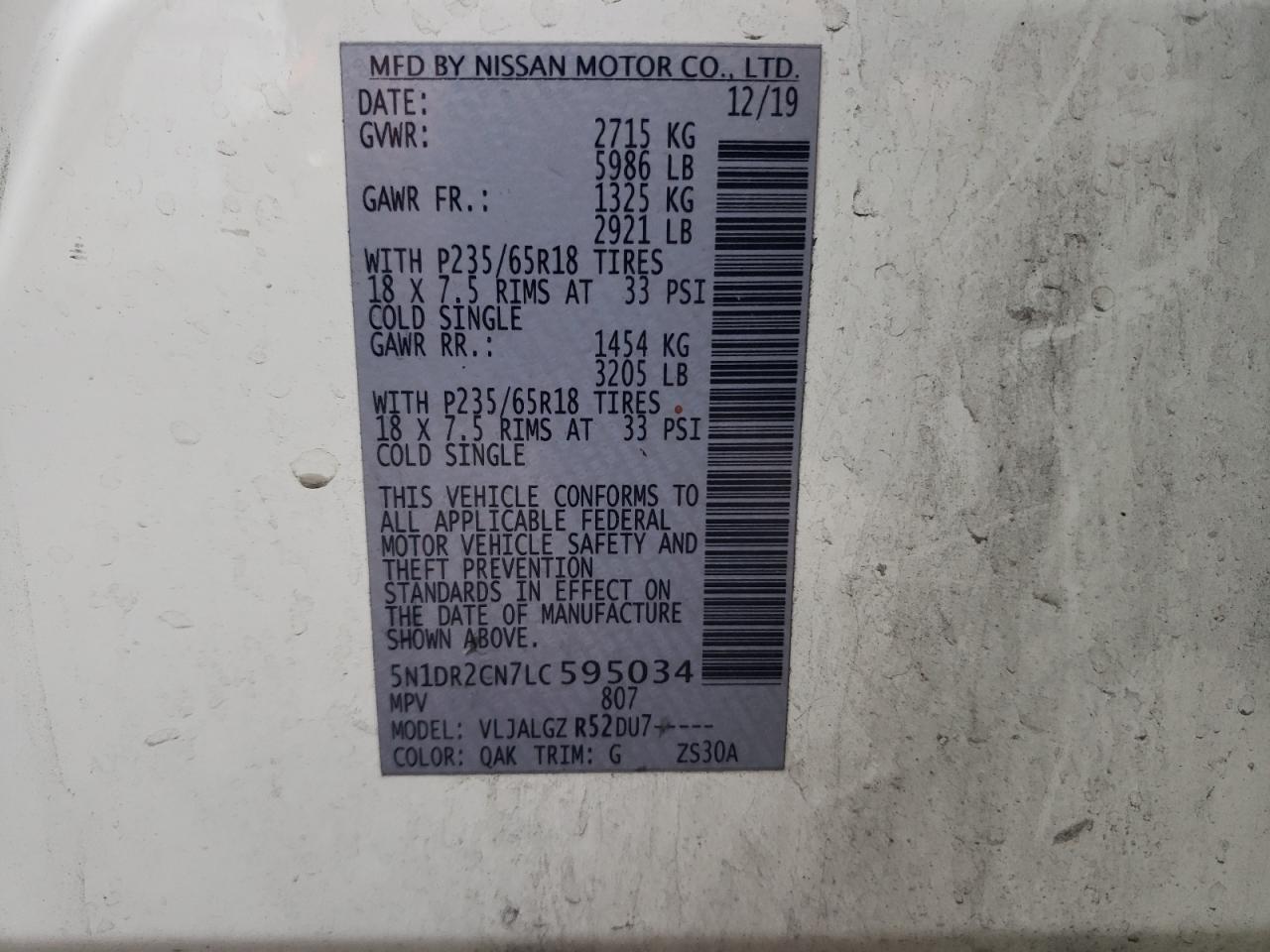 2020 Nissan Pathfinder Sl VIN: 5N1DR2CN7LC595034 Lot: 86804195