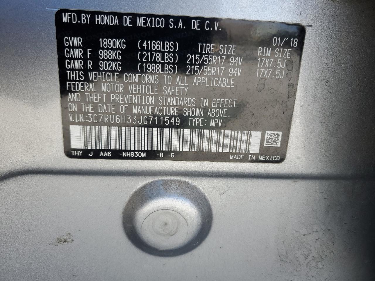 2018 Honda Hr-V Lx VIN: 3CZRU6H33JG711549 Lot: 86538155