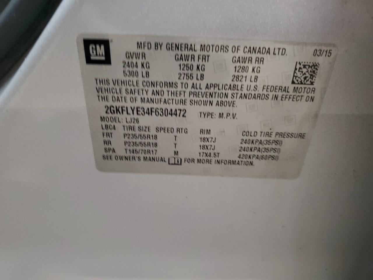 2015 GMC Terrain Slt VIN: 2GKFLYE34F6304472 Lot: 85125405