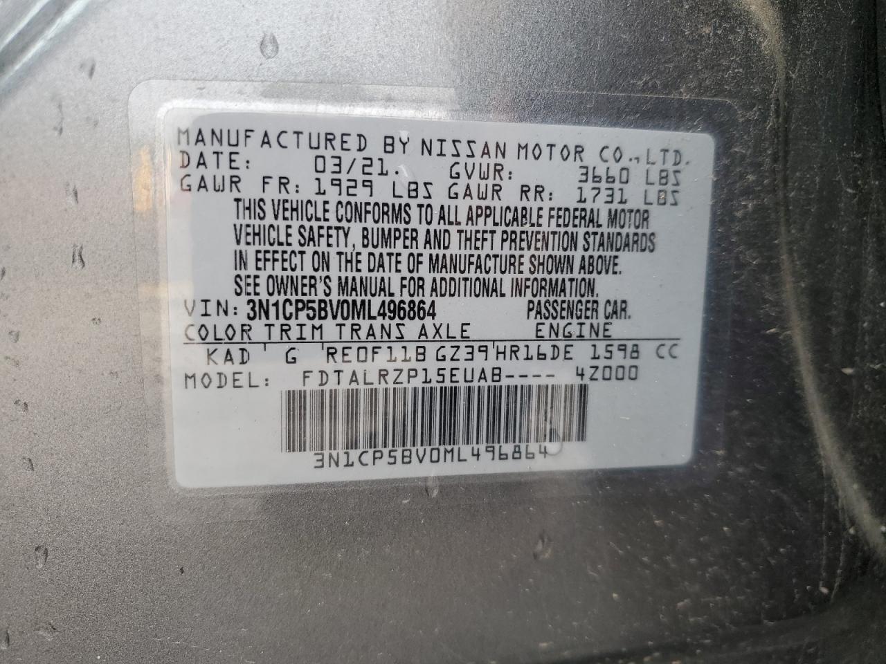 2021 Nissan Kicks S VIN: 3N1CP5BV0ML496864 Lot: 84213425