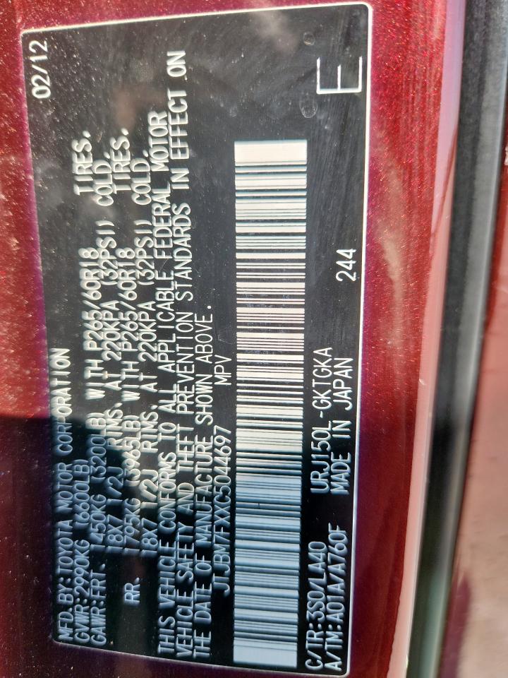 2012 Lexus Gx 460 VIN: JTJBM7FXXC5044697 Lot: 85091295