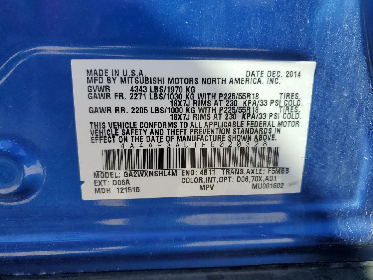 2015 Mitsubishi Outlander Sport Es VIN: 4A4AP3AU1FE020328 Lot: 84064855