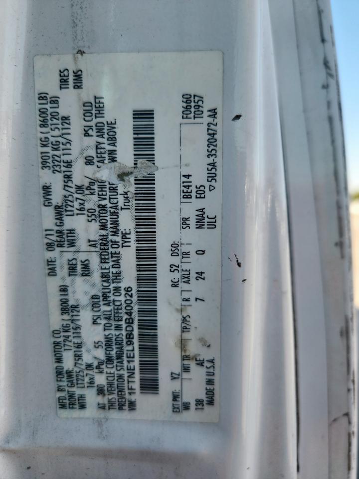 2011 Ford Econoline E150 Van VIN: 1FTNE1EL9BDB40026 Lot: 86154875