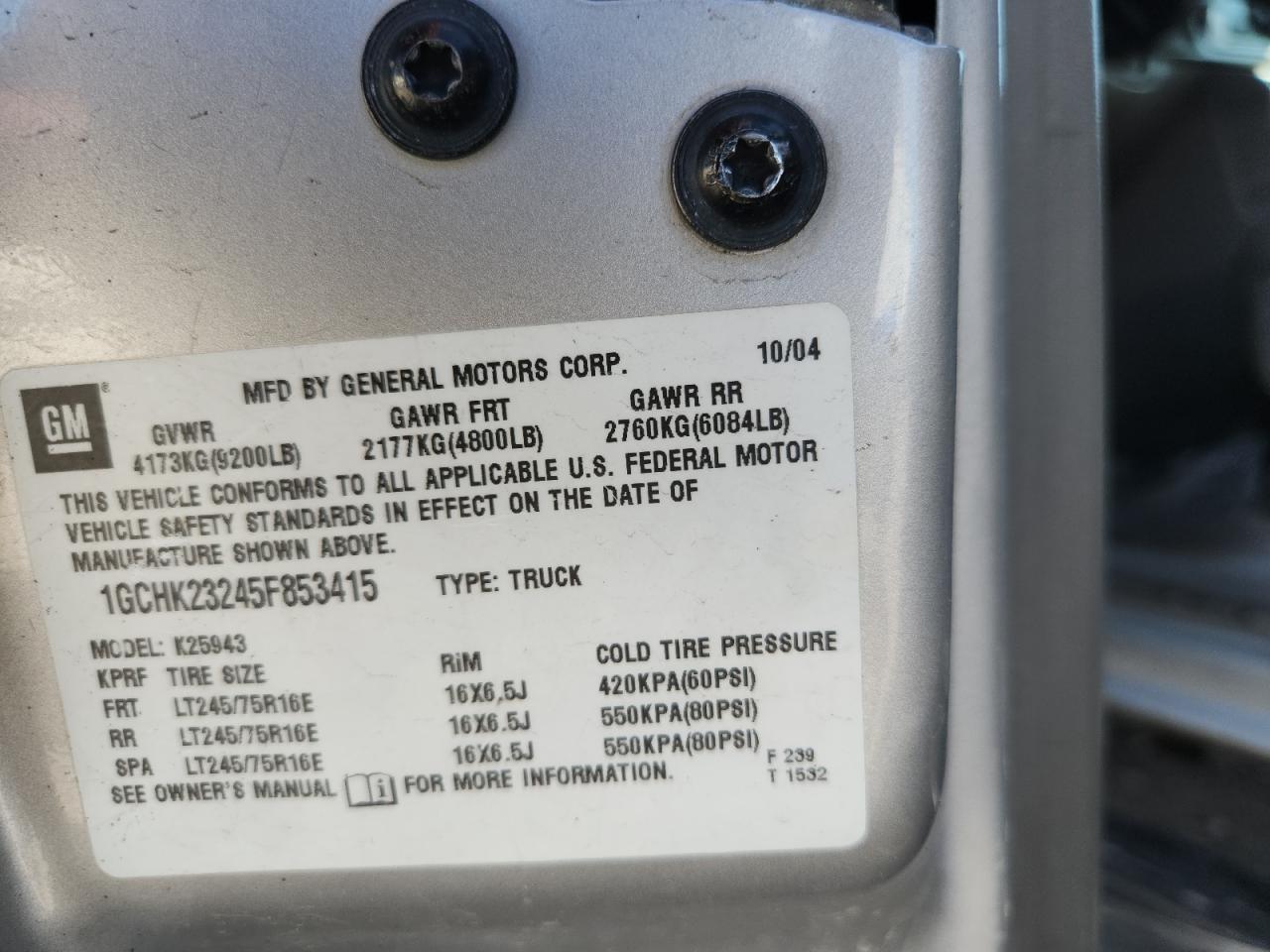 2005 Chevrolet Silverado K2500 Heavy Duty VIN: 1GCHK23245F853415 Lot: 82228315