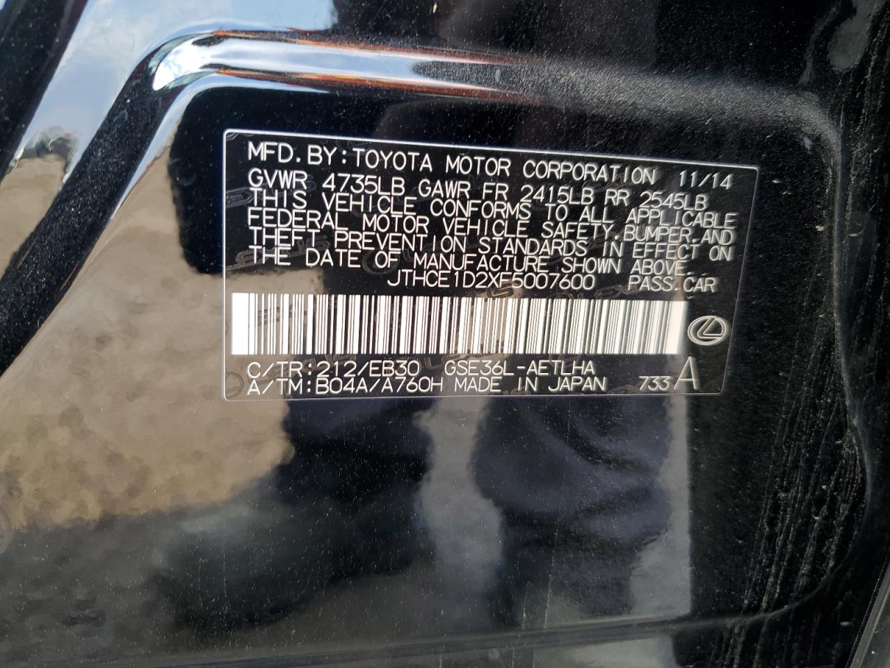 2015 Lexus Is 350 VIN: JTHCE1D2XF5007600 Lot: 81920275