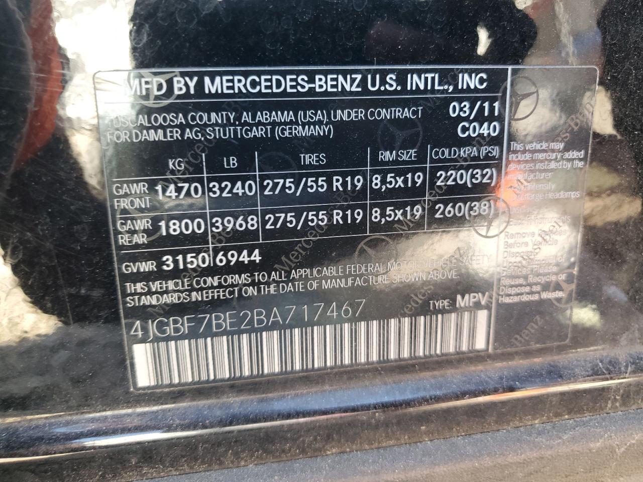 2011 Mercedes-Benz Gl 450 4Matic VIN: 4JGBF7BE2BA717467 Lot: 85313665