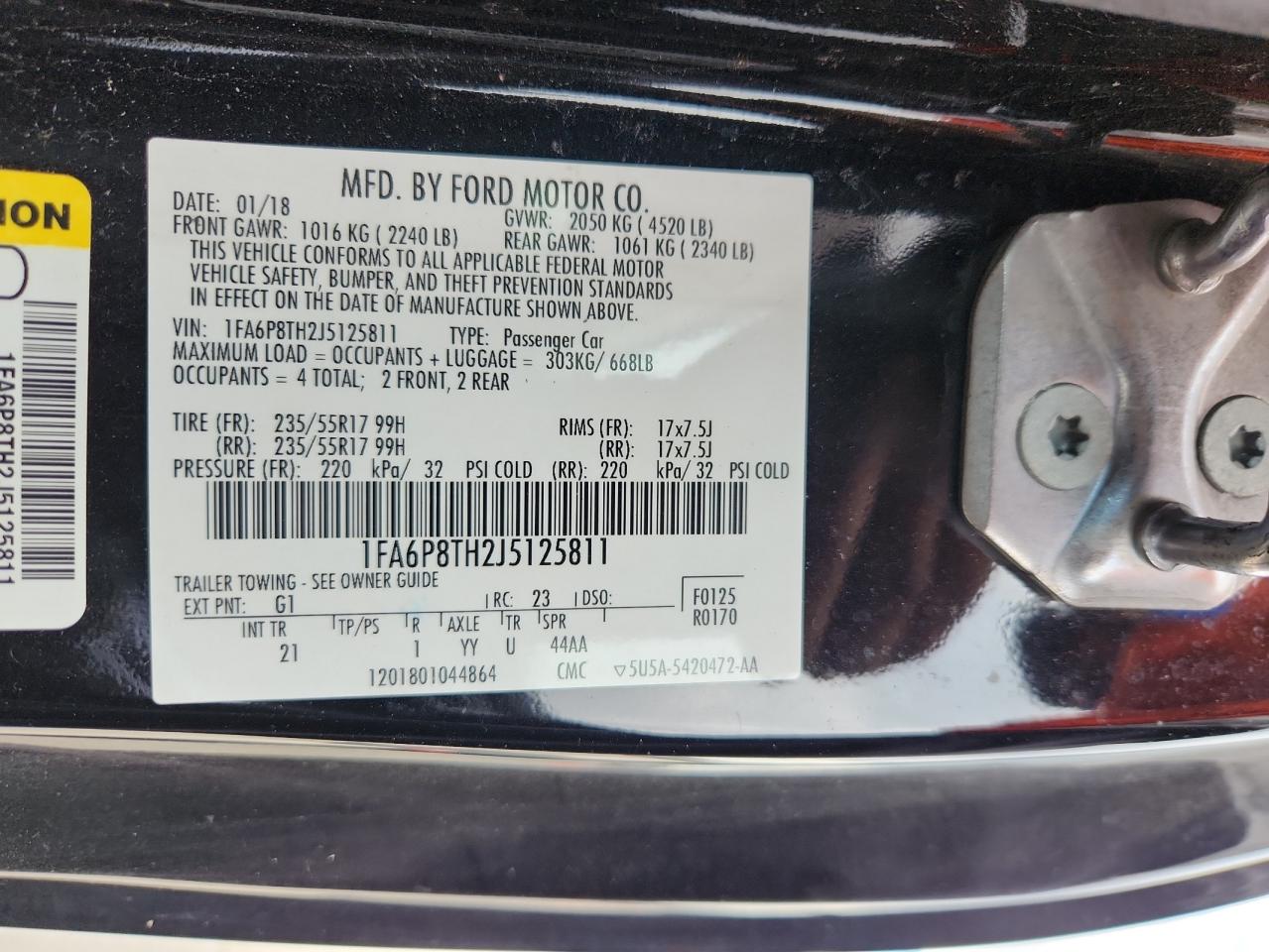 2018 Ford Mustang VIN: 1FA6P8TH2J5125811 Lot: 89643125